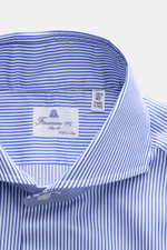Close-up front view of Finamore Business Shirt 'Sergio Napoli' Shark Collar Blue/White Striped, crafted from pure Giza cotton twill with smooth feel, regular fit, extra-long sleeves, French placket, classic sport cuff, and rounded hemline, made in Italy. 
