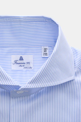 Finamore Business-Hemd 'Sergio Napoli' Haifisch-Kragen hellblau/weiß gestreift, Detailansicht Kragen innen, Twill aus seltener Giza-Baumwolle.