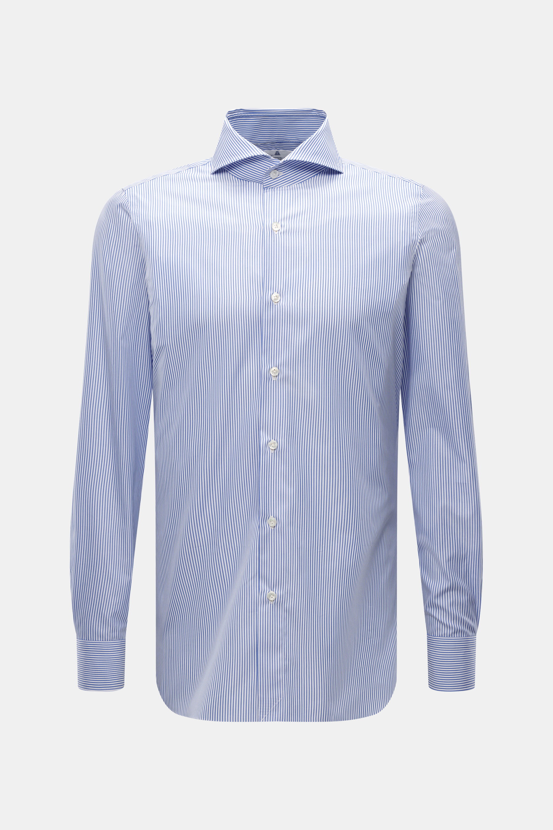 Finamore Business-Hemd 'Sergio Napoli' blau/weiß gestreift, Frontansicht, Regular Fit, Haifisch-Kragen, Giza-45-Baumwolle, glatter Griff, Sportmanschette, gerundeter Saum.