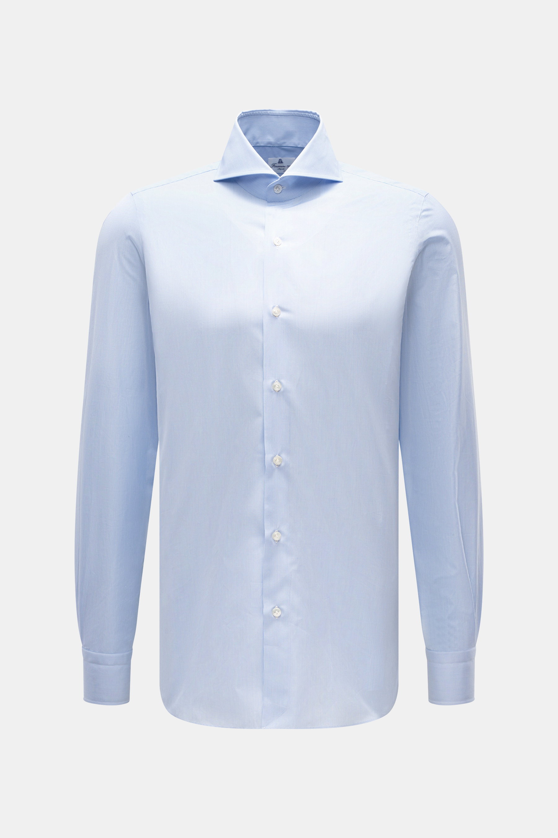 Front view of Finamore Business Shirt 'Sergio Napoli' Shark Collar Light Blue/White Checkered, slim fit with shark collar and French placket.

Description:
<p>Stylish in the office: The 'Sergio Napoli' shirt by FINAMORE impresses with fine poplin made fro