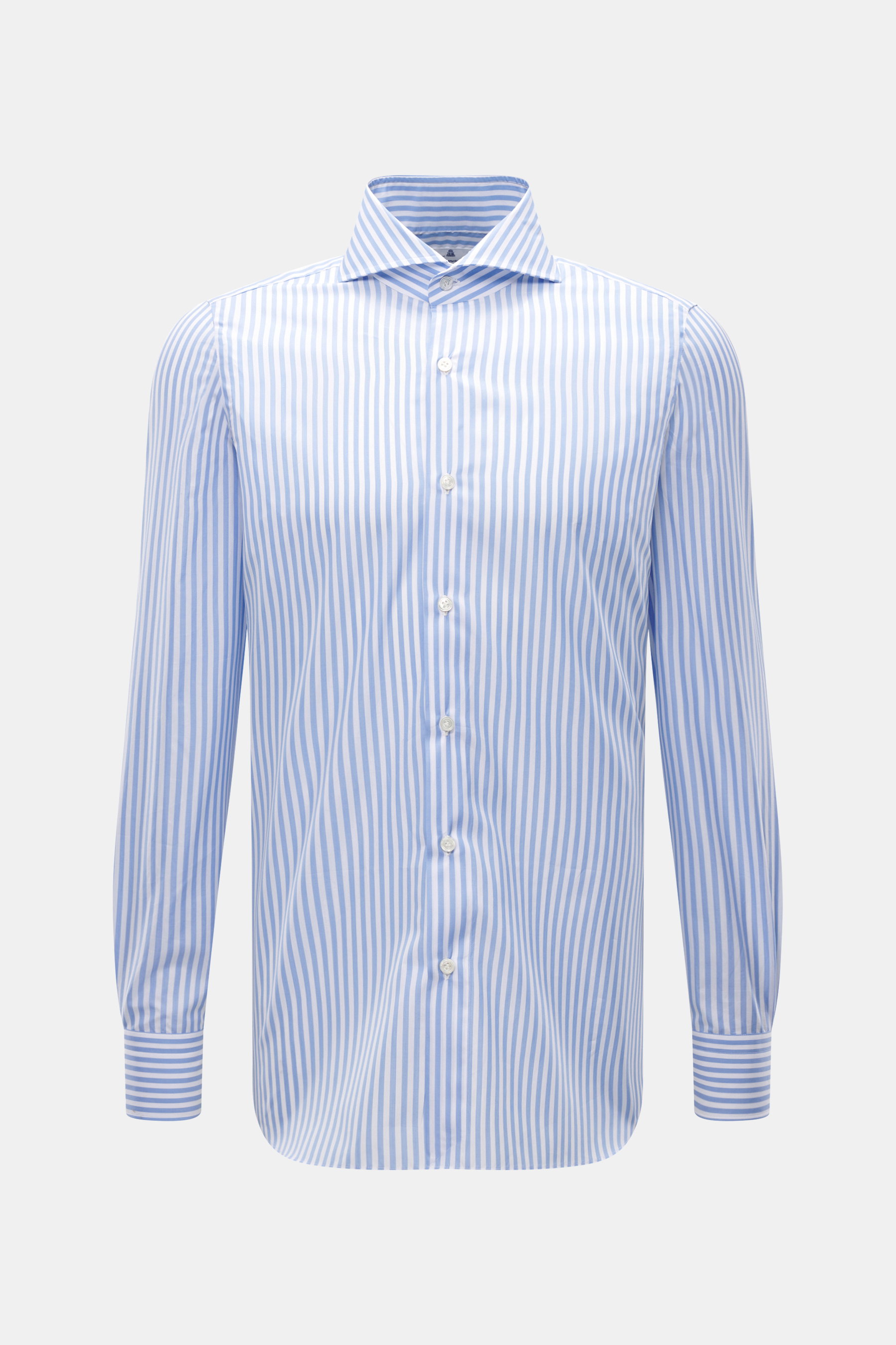 Finamore Business Shirt 'Sergio Napoli' Shark Collar Light Blue/White Striped, front view, slim fit, pure cotton poplin, smooth touch, extra-long sleeves, French placket, classic sport cuff, rounded hem. 

<p>Stylish in the office: The 'Sergio Napoli' shi