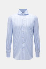 Finamore Business Shirt 'Sergio Napoli' Shark Collar Light Blue/White Striped, front view, slim fit, pure cotton poplin, smooth touch, extra-long sleeves, French placket, classic sport cuff, rounded hem. 

<p>Stylish in the office: The 'Sergio Napoli' shi