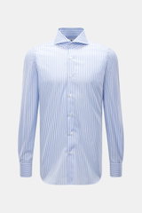 Finamore Business Shirt 'Sergio Napoli' Shark Collar Light Blue/White Striped, front view, slim fit, pure cotton poplin, smooth touch, extra-long sleeves, French placket, classic sport cuff, rounded hem. 

<p>Stylish in the office: The 'Sergio Napoli' shi
