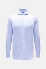 Finamore Business Hemd 'Sergio Napoli' Haifisch-Kragen hellblau/weiß kariert, slim fit, Gabardine, glatter Griff, extralange Ärmel, Sportmanschette, Frontansicht.
