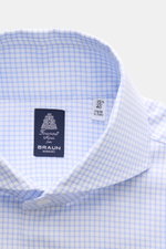 Finamore Business Hemd 'Sergio Napoli' Haifisch-Kragen hellblau/weiß kariert, Nahaufnahme von oben, feiner Gabardine, glatter Griff, Slim Fit.