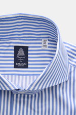 Finamore Business-Hemd 'Sergio Napoli' Haifisch-Kragen blau/weiß gestreift, Detailaufnahme von innen, Gabardine Baumwolle, Slim Fit, glatter Griff.