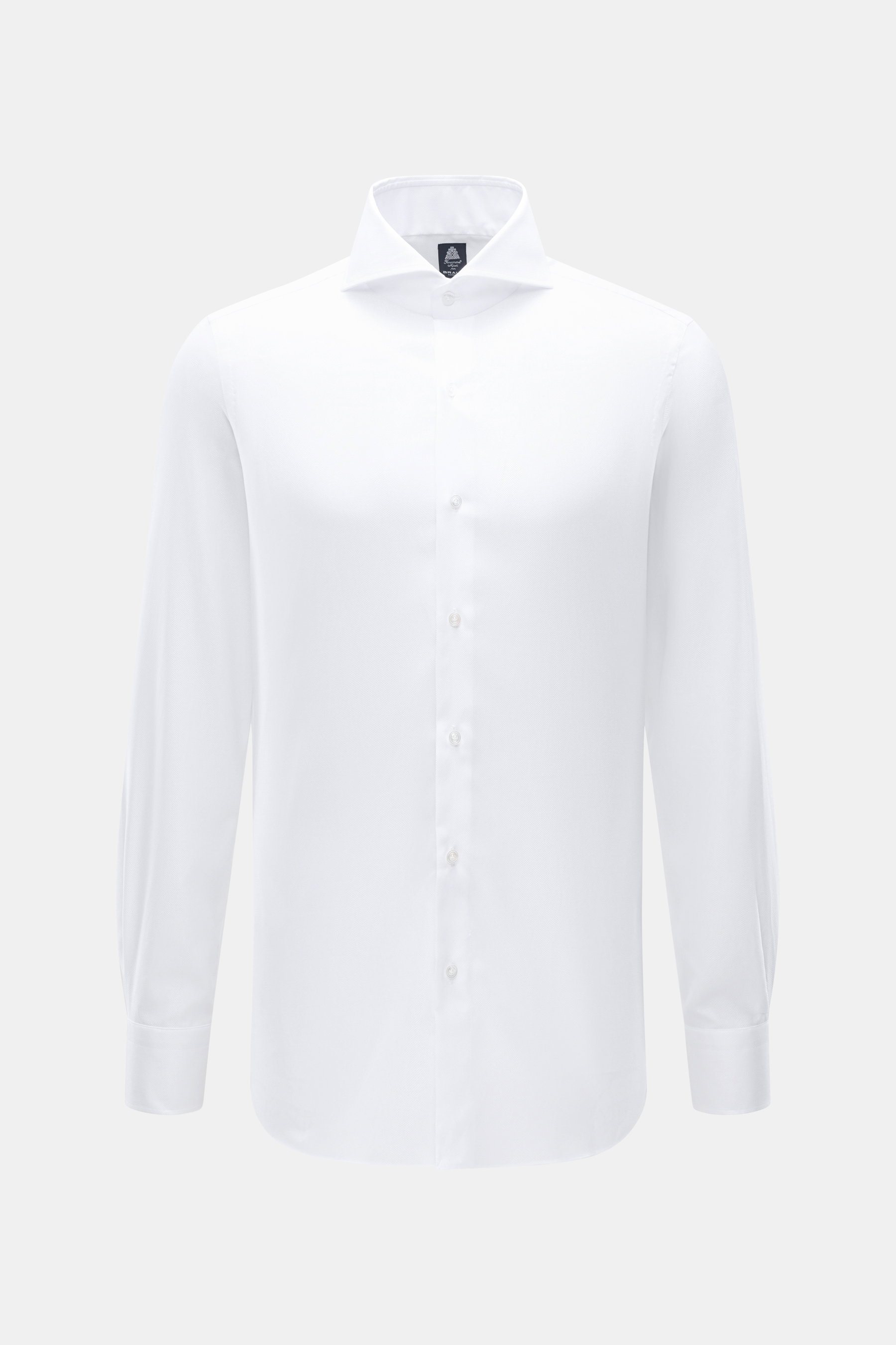 Finamore Oxford Shirt 'Sergio Napoli' Shark Collar White shown front view, slim fit, extra-long sleeves, French placket, sport cuff, rounded hemline, soft cotton Oxford with light shine. Stylish in the office: The 'Sergio Napoli' shirt from FINAMORE convi