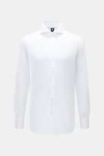 Finamore Oxford-Hemd 'Sergio Napoli' Haifisch-Kragen weiß, frontal fotografiert, Slim Fit, extralange Ärmel, Oxford-Baumwolle, glatter Griff, französische Knopfleiste, klassische Sportmanschette, gerundeter Saum.