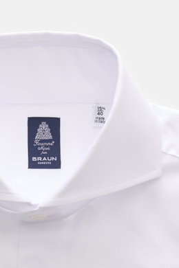 Finamore Oxford-Hemd 'Sergio Napoli' Haifisch-Kragen weiß, Detailaufnahme von oben, Oxford-Baumwolle, Slim Fit, glatter Griff, klassische Manschette.