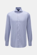 Finamore Business-Hemd 'Sergio Napoli' Haifisch-Kragen navy/weiß gemustert, Frontansicht, reine Baumwolle, Micro-Hahnentritt, Regular Fit, extralange Ärmel, klassische Sportmanschette.