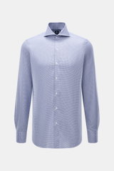 Finamore Business-Hemd 'Sergio Napoli' Haifisch-Kragen navy/weiß gemustert, Frontansicht, reine Baumwolle, Micro-Hahnentritt, Regular Fit, extralange Ärmel, klassische Sportmanschette.