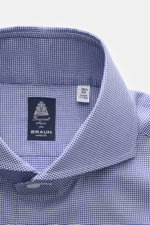 Finamore Business-Hemd 'Sergio Napoli' Haifisch-Kragen navy/weiß gemustert, Nahaufnahme von oben, reine Baumwolle mit Micro-Hahnentritt.