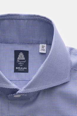 Finamore Business-Hemd 'Sergio Napoli' Haifisch-Kragen navy/weiß gemustert, Nahaufnahme von oben, reine Baumwolle mit Micro-Hahnentritt.