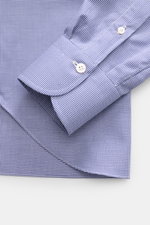 Finamore Business-Hemd 'Sergio Napoli' Haifisch-Kragen navy/weiß gemustert, Nahaufnahme Ärmelsaum und Manschette mit Micro-Hahnentritt, reine Baumwolle, Regular Fit.