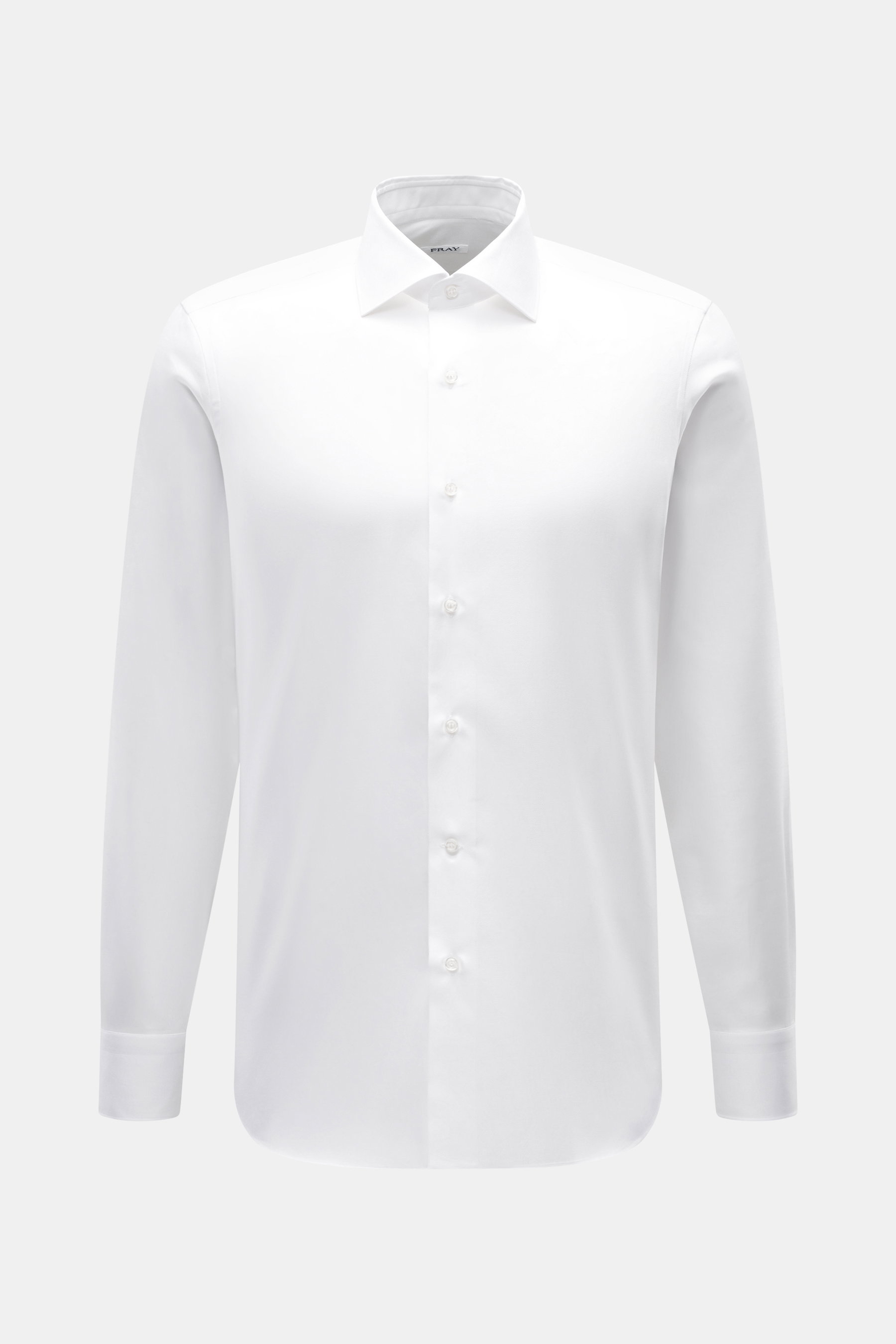 Front view of the Fray Business Shirt Shark Collar 'Nello' White, slim fit, pure cotton gabardine, soft touch, classic sport cuff, slightly rounded hem.