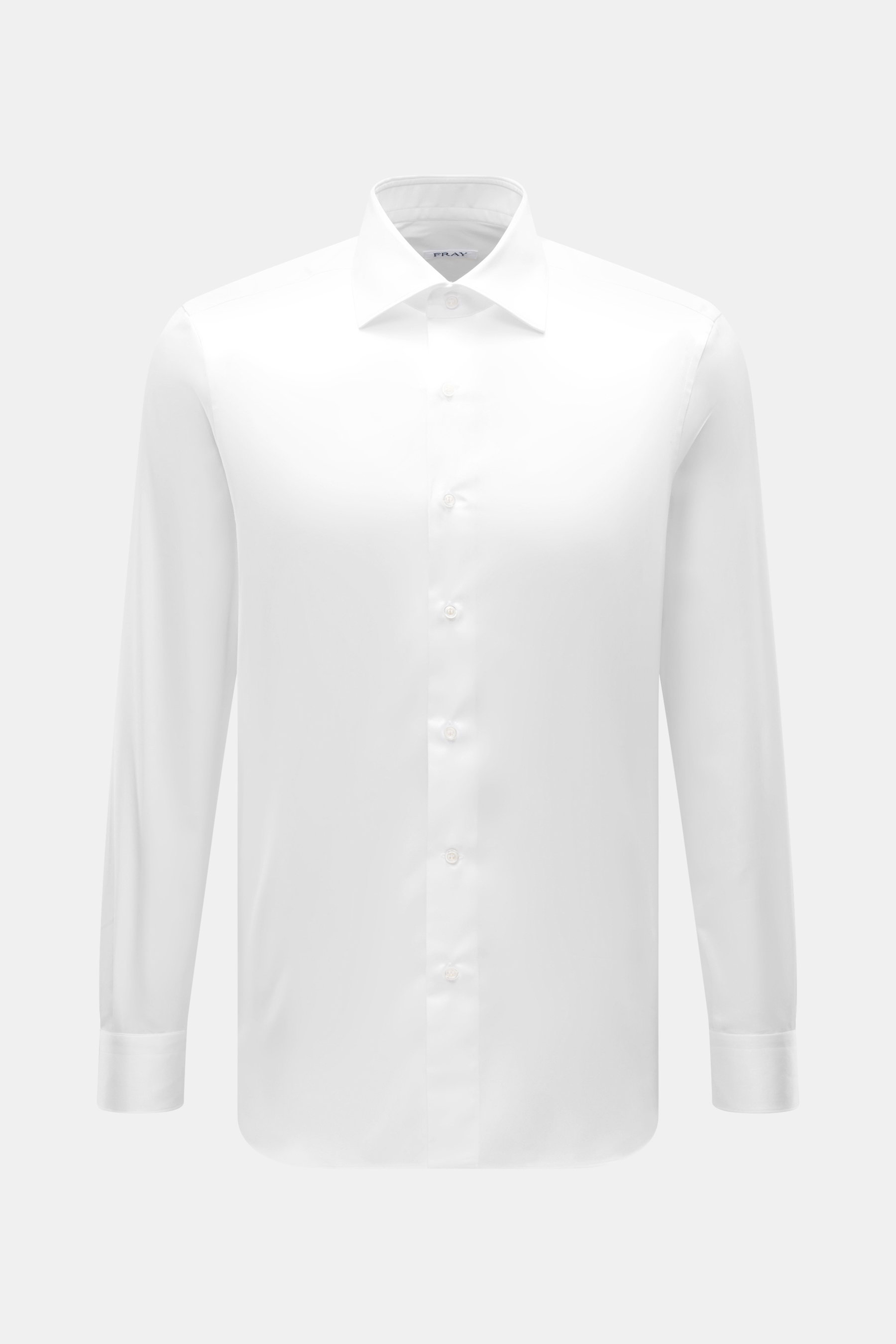 Front view of Fray Shirt shark collar 'Nello' white, made from pure cotton with a slim fit, shark collar, sport cuff, and rounded hemline.