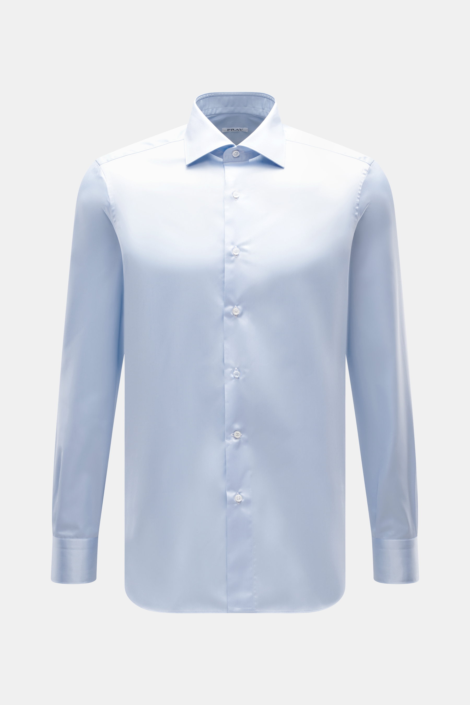 Fray Shirt shark collar 'Nello' light blue, front view of slim fit office shirt made of pure cotton with textured feel, sport cuff, rounded hemline.