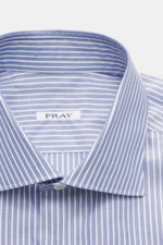Fray Business Hemd Haifisch-Kragen 'Nello' graublau/weiß gestreift, reine Baumwolle, glatter Griff, Slim Fit, Sportmanschette, Saum, Ansicht von oben.