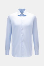 Fray Shirt Shark Collar 'Nello' light blue/white checked men's shirt shown from front, slim fit, pure cotton, textured, classic check, shark collar, sport cuff, rounded hemline.