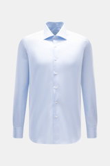 Fray Shirt Shark Collar 'Nello' light blue/white checked men's shirt shown from front, slim fit, pure cotton, textured, classic check, shark collar, sport cuff, rounded hemline.