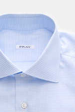 Fray Shirt Shark Collar 'Nello' light blue/white checked shown from above, pure cotton, slim fit, classic check, shark collar, sport cuff.