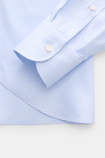 Fray Hemd Haifisch-Kragen 'Nello' hellblau/weiß kariert, Nahaufnahme von Manschette und Saum, reine Baumwolle, Slim Fit, klassisches Karo.