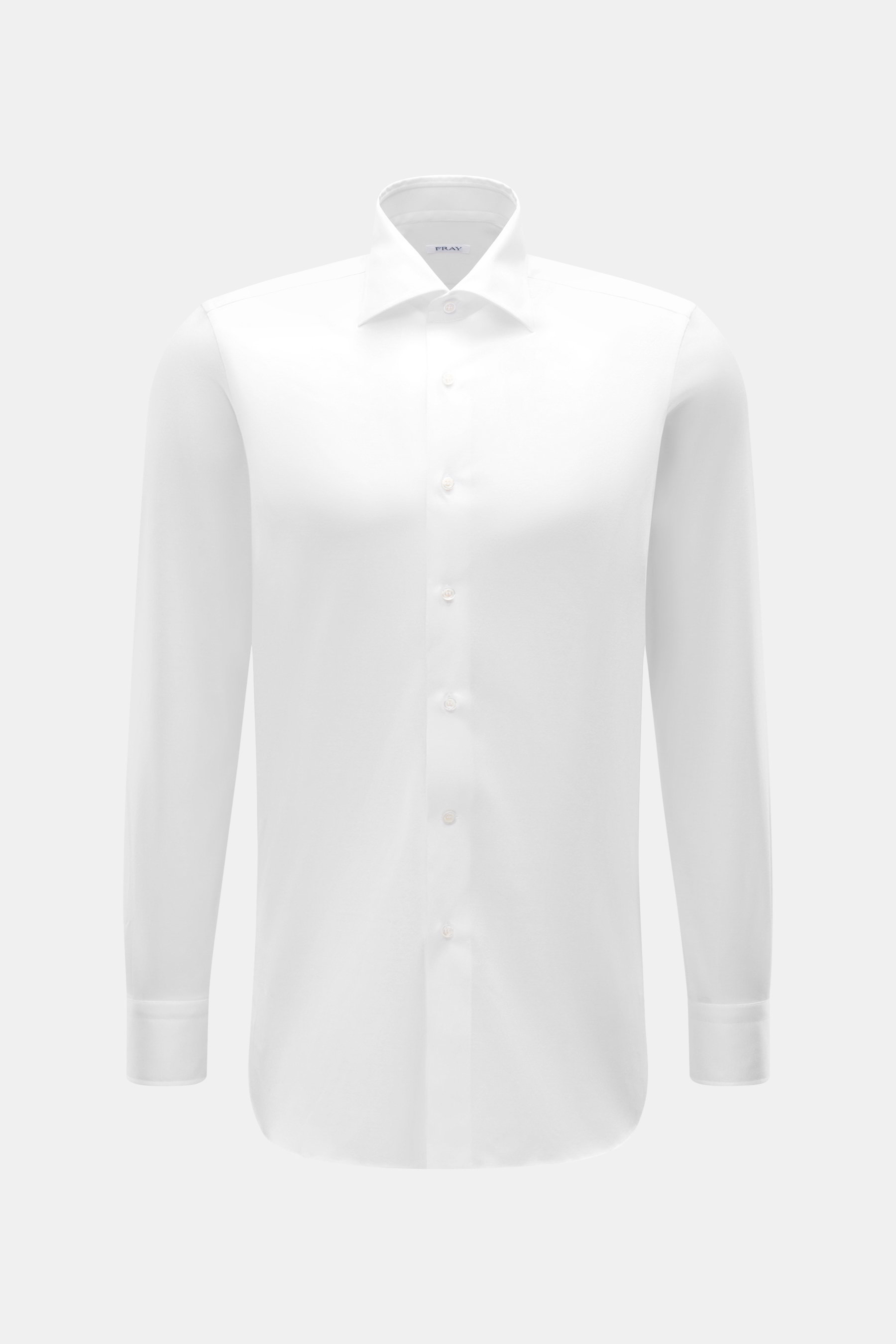 Front view of Fray Jersey shirt kent collar 'Gabriel' white, pure cotton, soft touch, slim fit, kent collar, classic sport cuff, back waist darts, extended back.