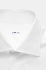 Close-up front view of the Fray Jersey shirt kent collar 'Gabriel' white, pure cotton, soft touch, slim fit with kent collar, classic sport cuff, back waist darts, and extended back.