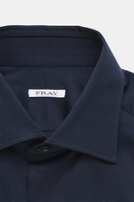 Close-up front view of the Fray Jersey shirt kent collar 'Gabriel' navy, showcasing pure cotton, soft touch, slim fit, kent collar, classic sport cuff, back waist darts, and extended back.
