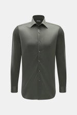 Front view of the Fray Jersey Shirt Kent Collar 'Gabriel' Dark Green, slim fit with pure cotton, soft touch, Kent collar, classic sport cuff, back waist darts, and extended back.