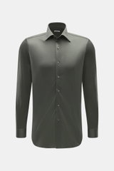 Front view of the Fray Jersey Shirt Kent Collar 'Gabriel' Dark Green, slim fit with pure cotton, soft touch, Kent collar, classic sport cuff, back waist darts, and extended back.