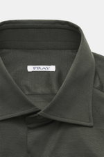 Close-up front view of the Fray Jersey Shirt Kent Collar 'Gabriel' Dark Green, pure cotton, soft touch, Slim Fit, Kent collar, classic sport cuff, back waist darts, extended back.