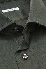 Close-up front view of the dark green Fray Jersey Shirt Kent Collar 'Gabriel' showing pure cotton fabric, soft touch, Slim Fit, Kent collar, classic sport cuff, back waist darts, and extended back.