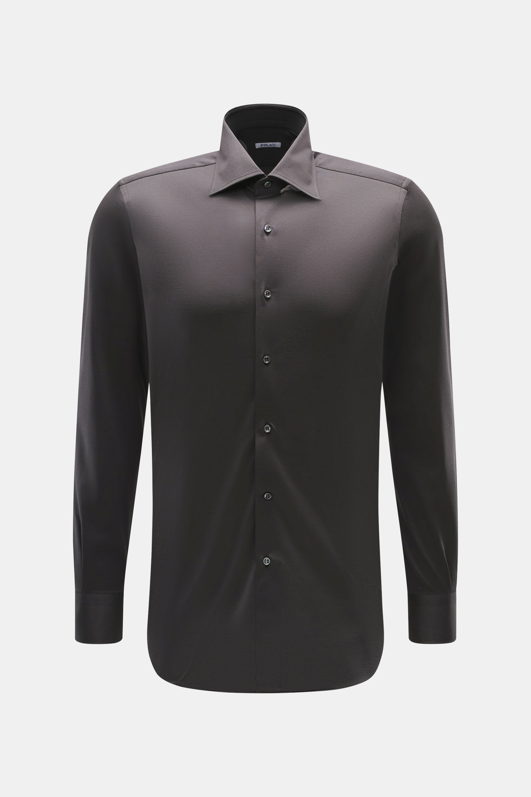 Front view of Fray Jersey shirt kent collar 'Gabriel' dark gray in pure cotton, slim fit with soft touch, kent collar, classic sport cuff, back waist darts, and extended back.