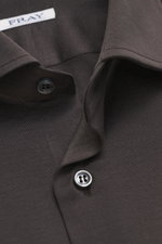 Close-up front view of the Fray Jersey shirt kent collar 'Gabriel' dark gray, showing pure cotton fabric, soft touch, slim fit, kent collar, classic sport cuff, back waist darts, and extended back.