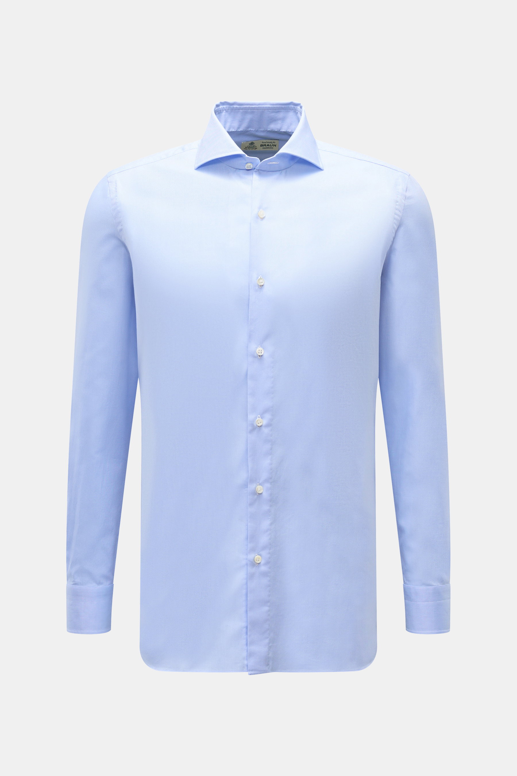 Frontale Aufnahme des Borrelli Oxford Hemd 'Nando' Haifisch-Kragen hellblau, Slim Fit, reine Baumwolle, weicher Griff, französische Knopfleiste mit Perlmuttknöpfen, klassische Sportmanschette, gerundeter Saum.
