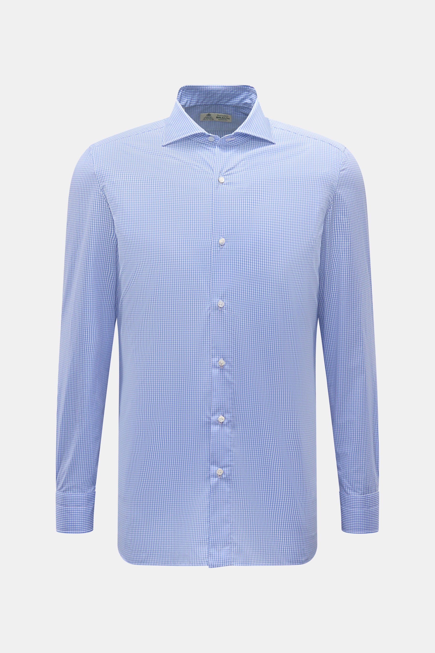 Borrelli Business Hemd 'Nando' Haifisch-Kragen blau/weiß kariert, Slim Fit, Popeline Baumwolle, glatter Griff, französische Knopfleiste, Sportmanschette, gerundeter Saum, frontale Ansicht.