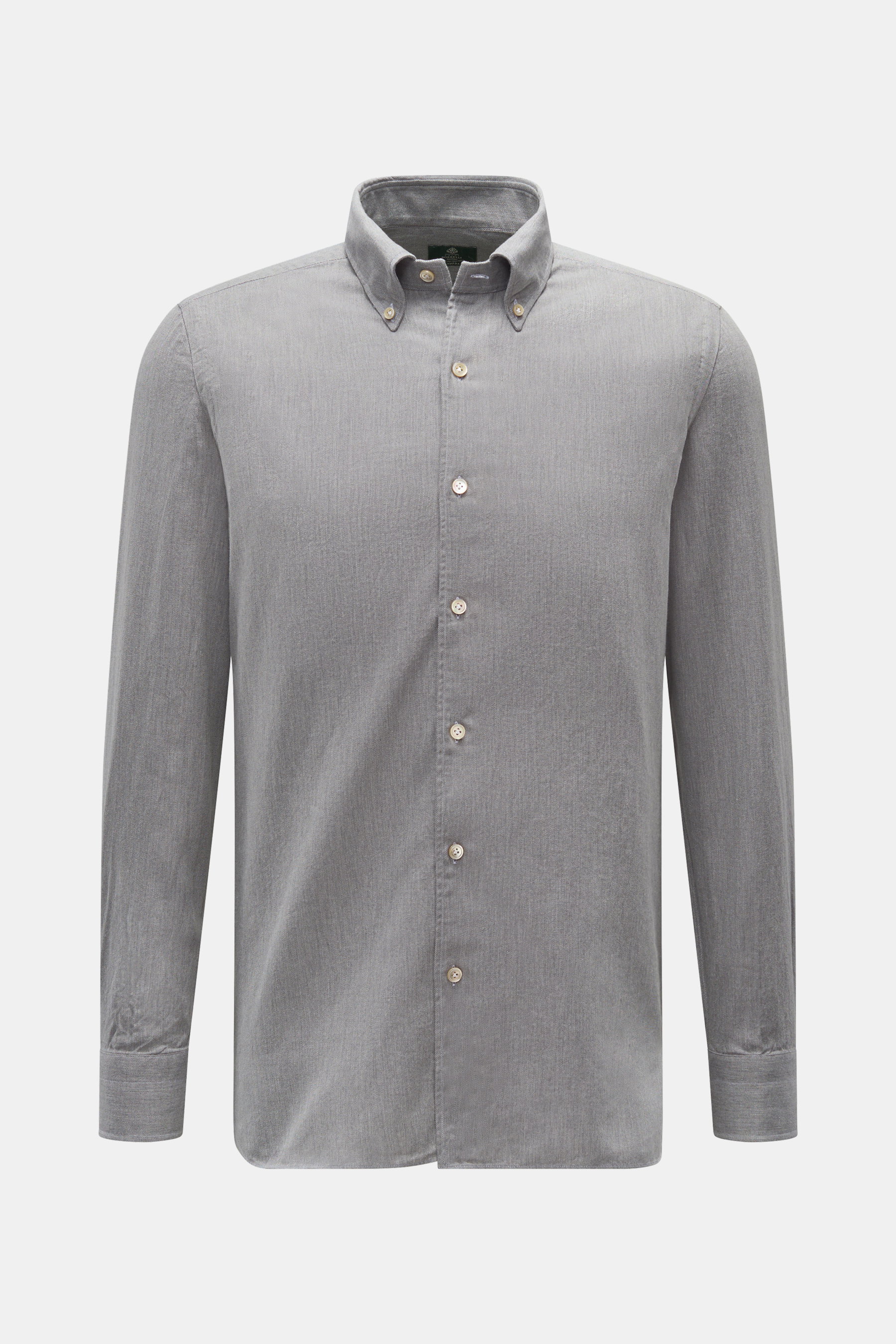 Borrelli Casual Hemd 'Gable' Kent-Kragen grau meliert, frontal fotografiert, Twill Baumwolle, weicher Griff, Slim Fit, französische Knopfleiste mit Perlmuttknöpfen, klassische Sportmanschette, schmale Rückenpasse, Taillenabnäher, gerundeter Saumverlauf.