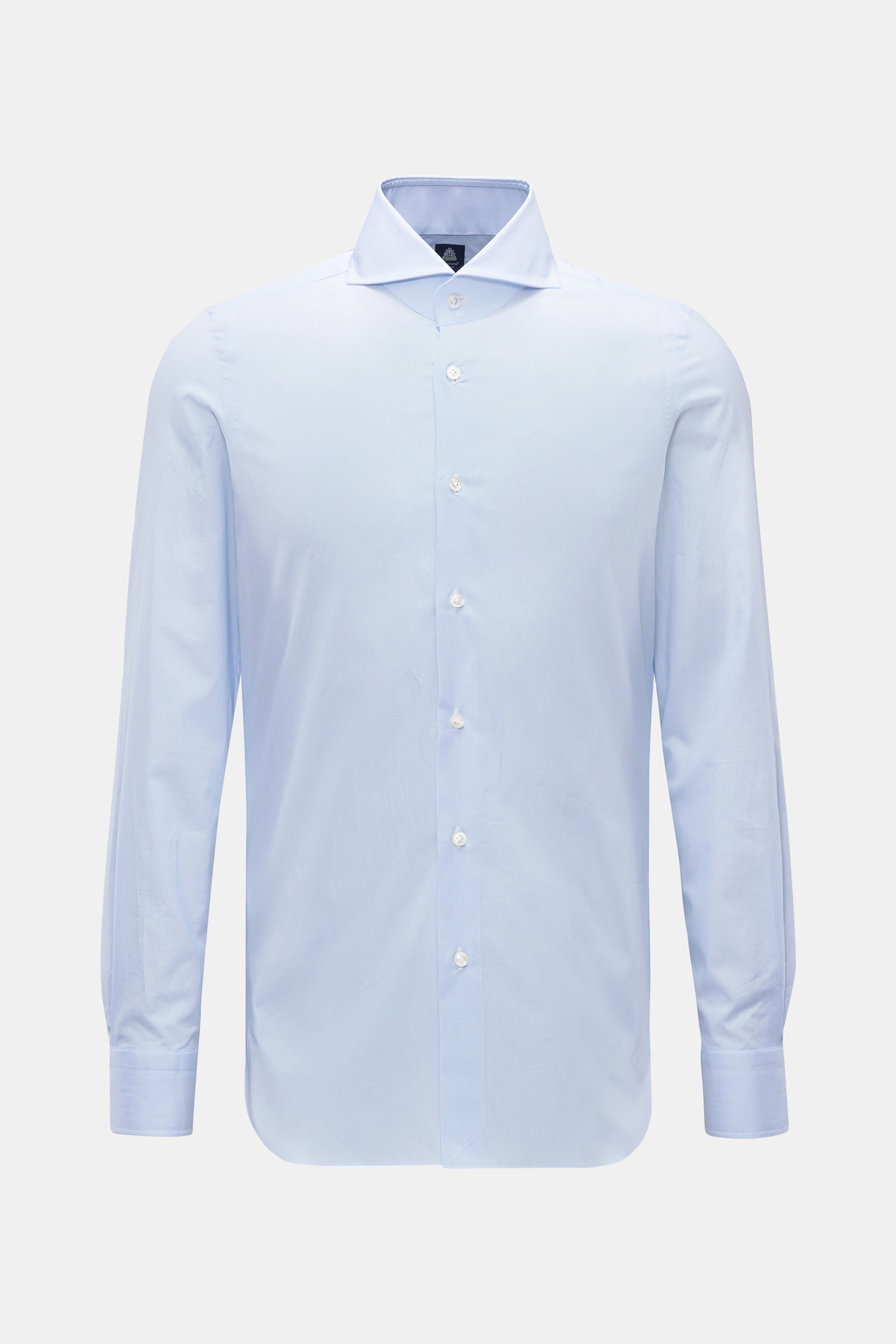 Finamore Business Hemd 'Sergio Napoli' Haifisch-Kragen hellblau/weiß gestreift, Slim Fit, Popeline, feines Streifenmuster, frontal fotografiert.