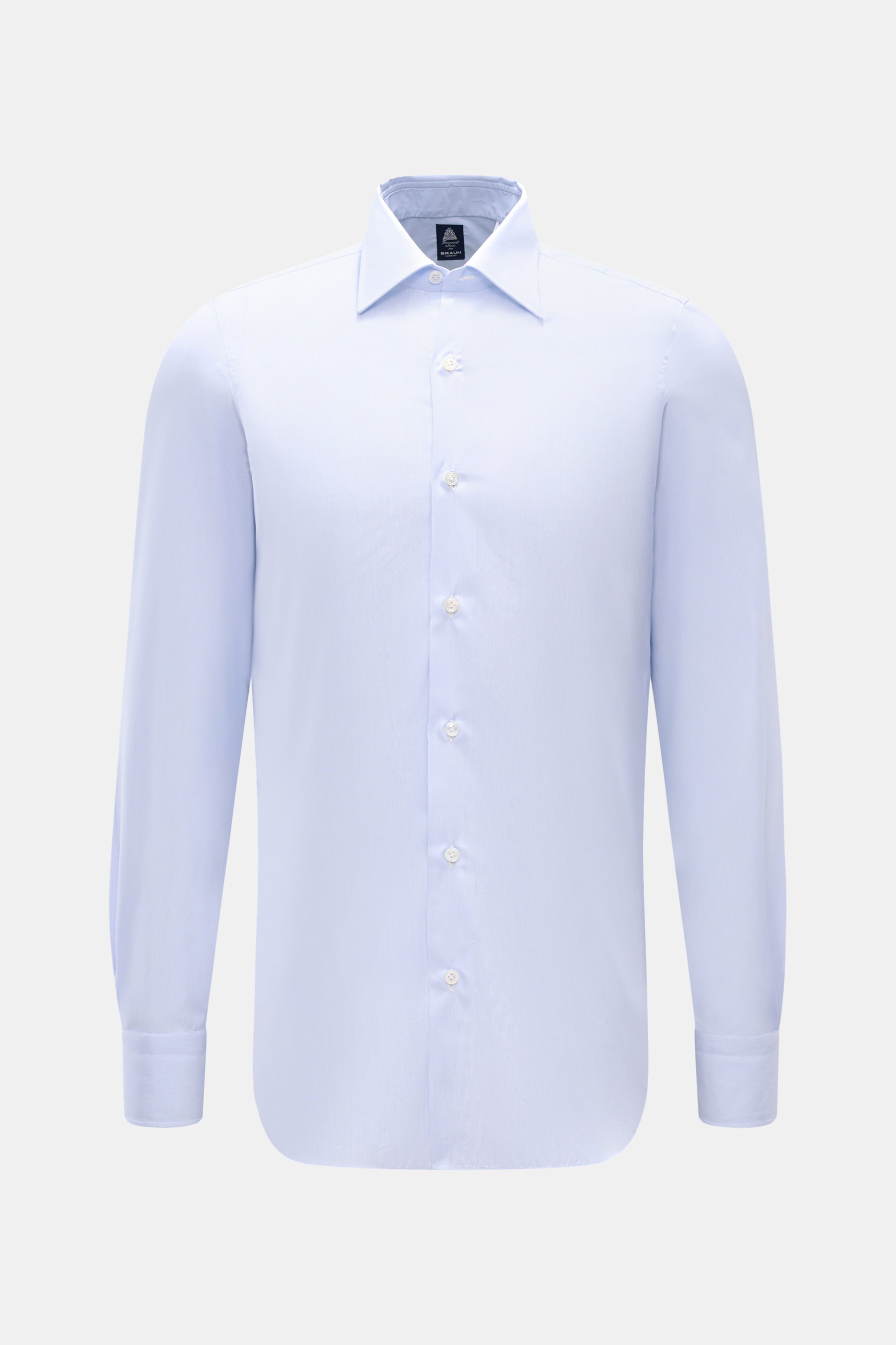 Finamore Business Hemd 'Rodi Napoli' Kent-Kragen hellblau/weiß gestreift, Slim Fit, feiner Baumwoll-Gabardine, extralange Ärmel, Sportmanschette, von vorne fotografiert.