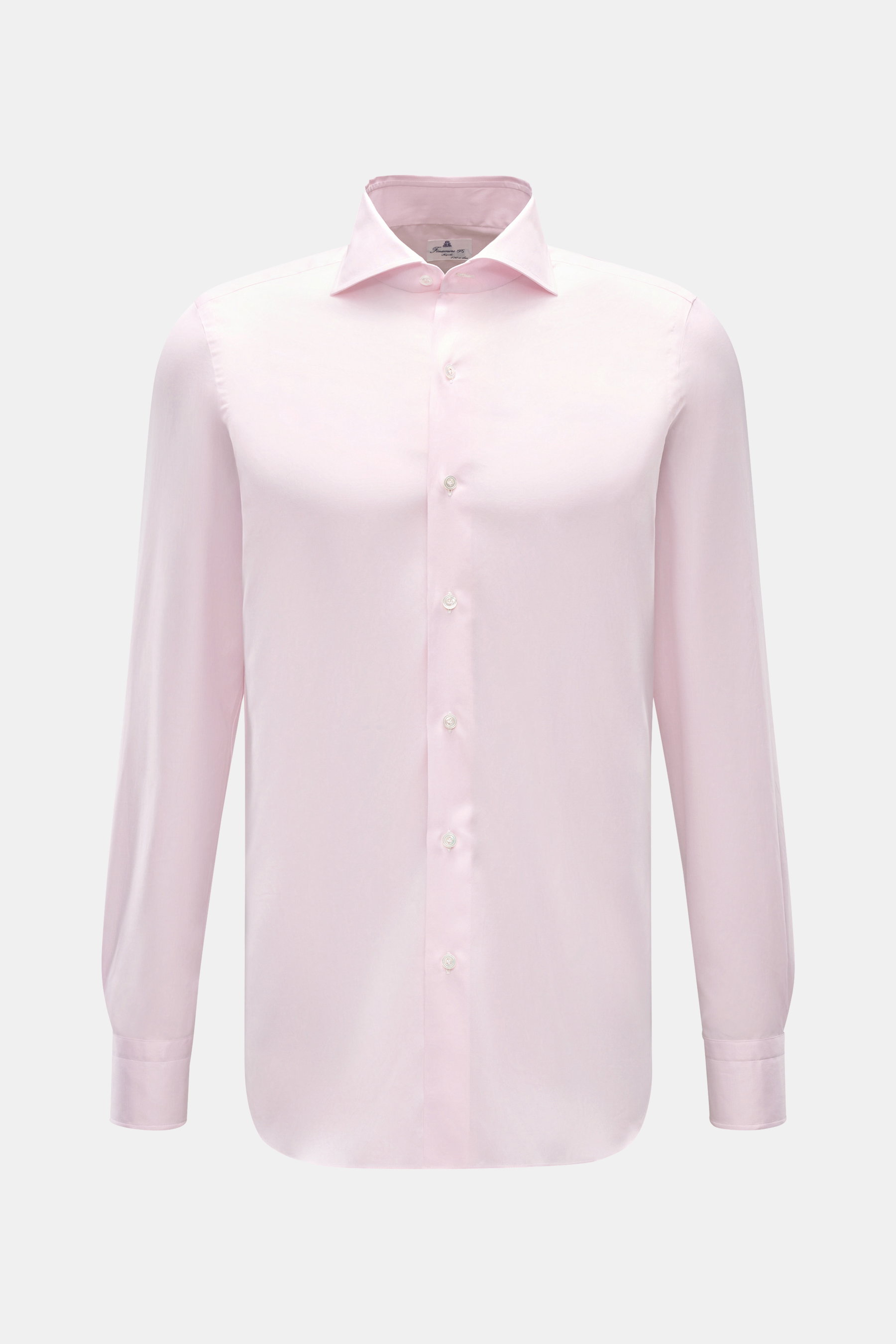 Finamore Business Hemd 'Edoardo Napoli' Haifisch-Kragen rosé, Slim Fit, weiche Giza-Baumwolle, französische Knopfleiste, Sportmanschette, frontale Aufnahme.