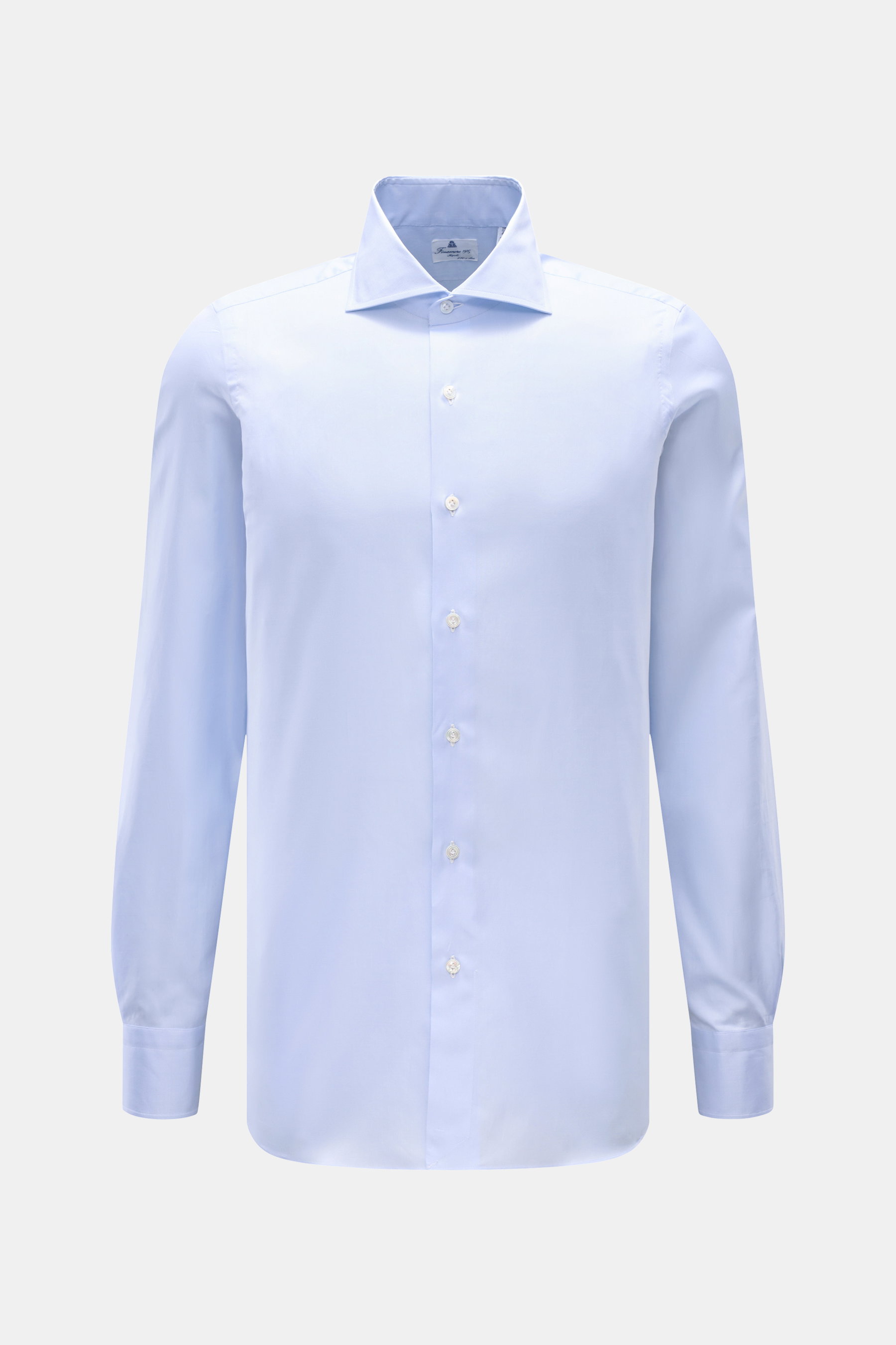 Finamore Business Hemd 'Edoardo Napoli' Haifisch-Kragen hellblau, Slim Fit, reine Baumwolle, glatter Griff, von vorne fotografiert, französische Knopfleiste.