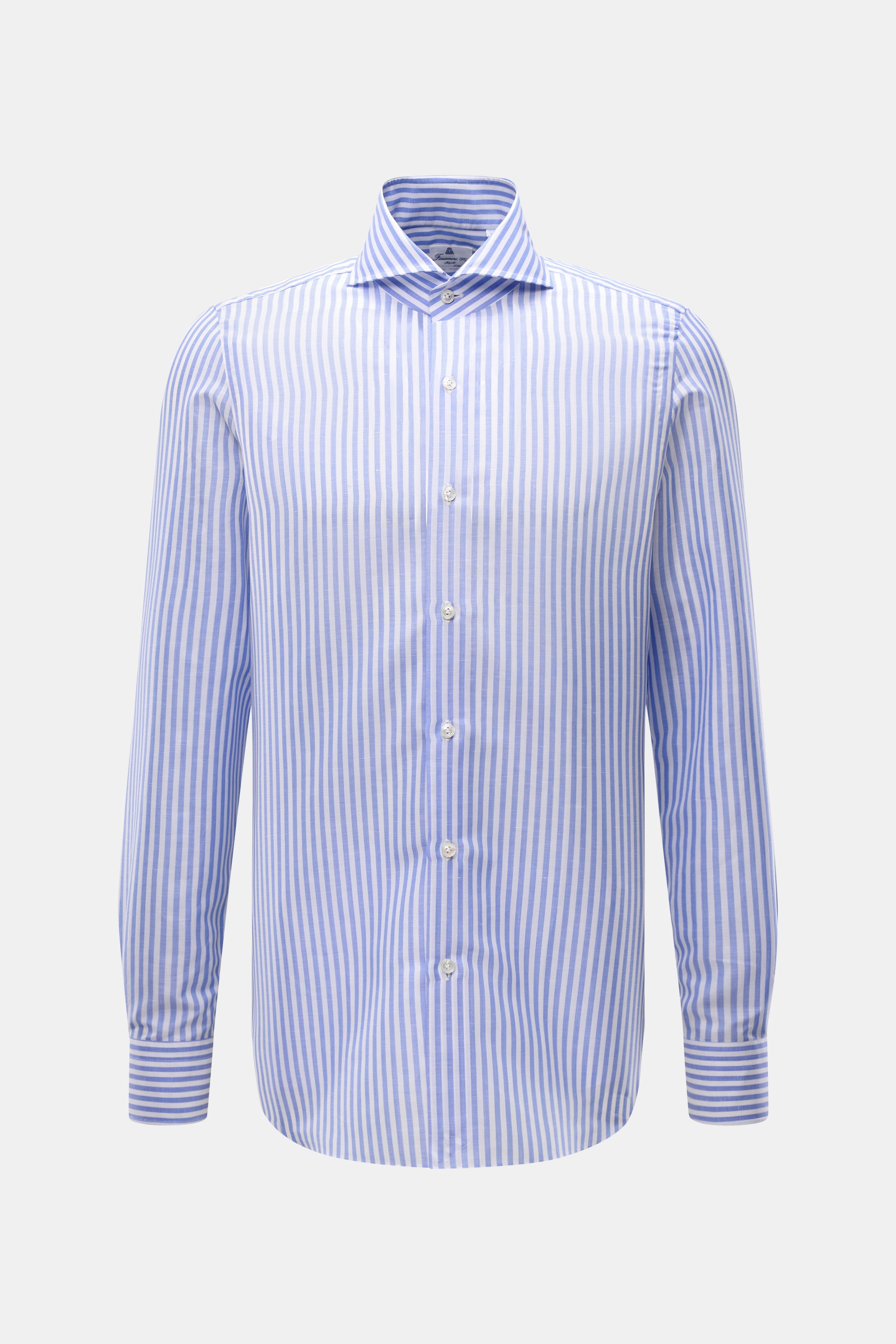 Finamore Business Hemd 'Sergio Napoli' Haifisch-Kragen blau/weiß gestreift, slim Fit, Leinen-Baumwollmix, weicher Griff, von vorne fotografiert.