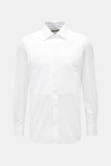 Borrelli Smokinghemd 'Quinto' Kent-Kragen weiß, Slim Fit, reine Baumwolle, plissierte Bib-Front, Umschlagmanschette, verdeckte Knopfleiste, Frontalansicht.