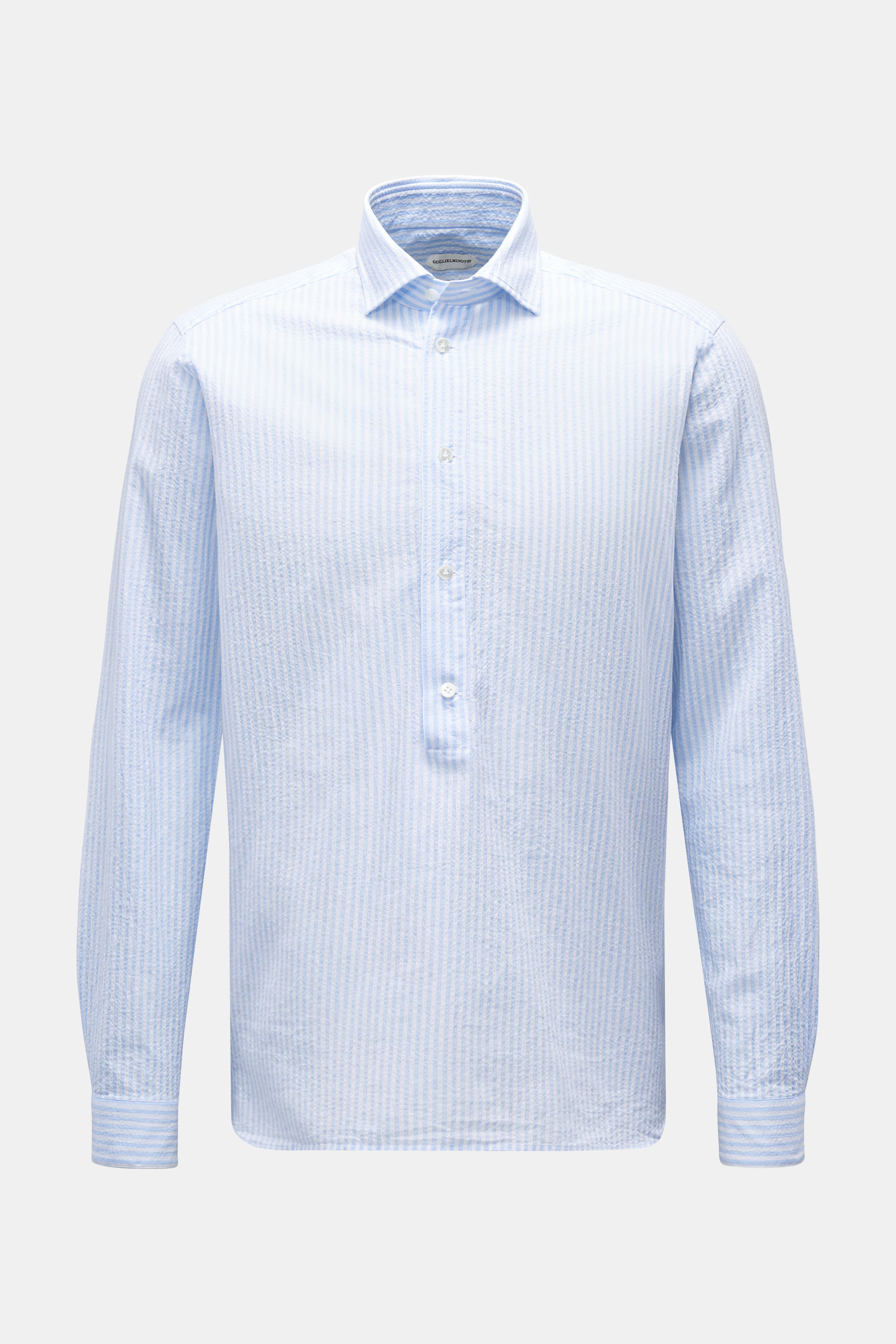 Guglielminotti Seersucker Popover-Hemd Haifisch-Kragen hellblau/weiß gestreift