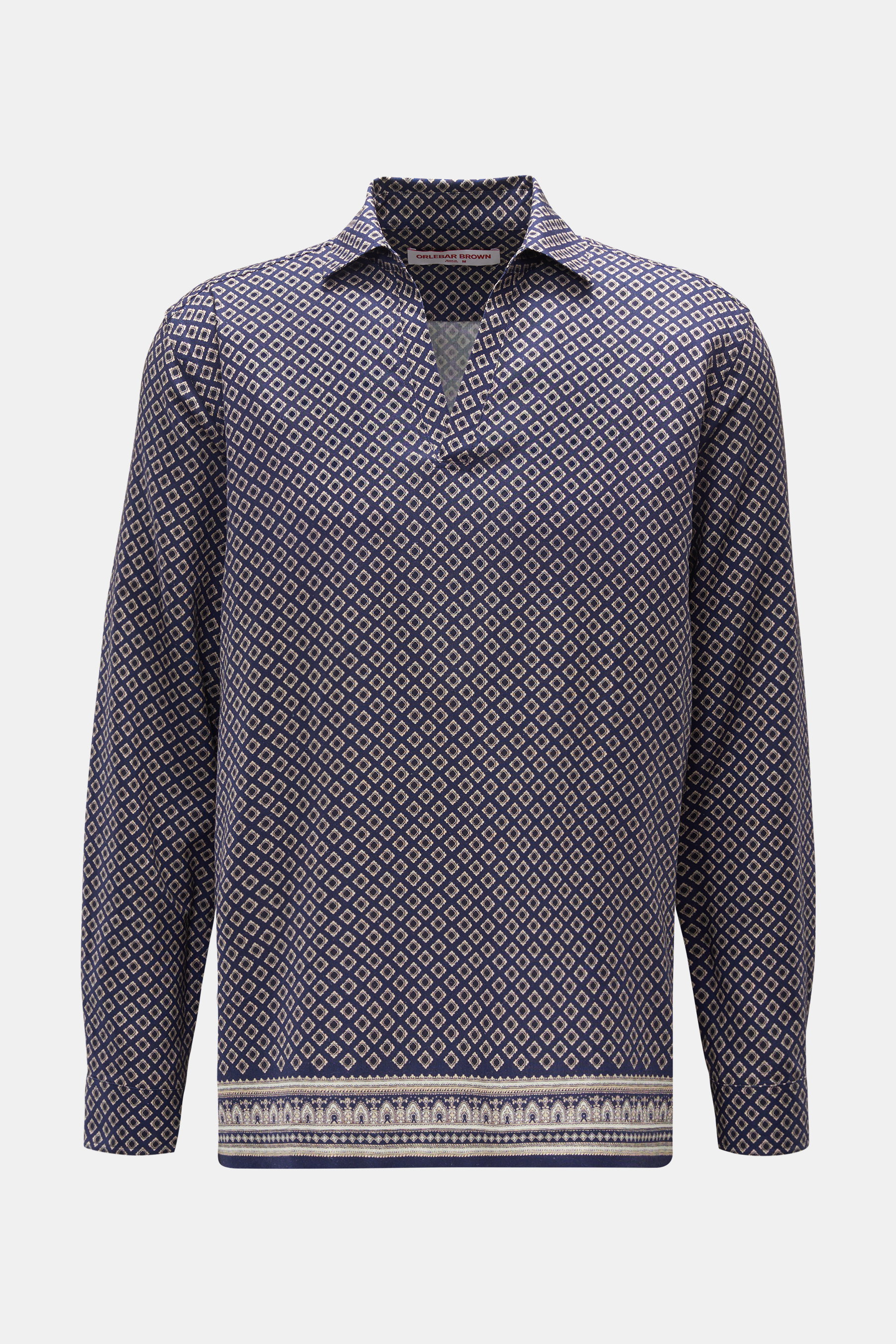 Orlebar Brown Popover-Hemd Haifisch-Kragen dunkelblau/beige gemustert