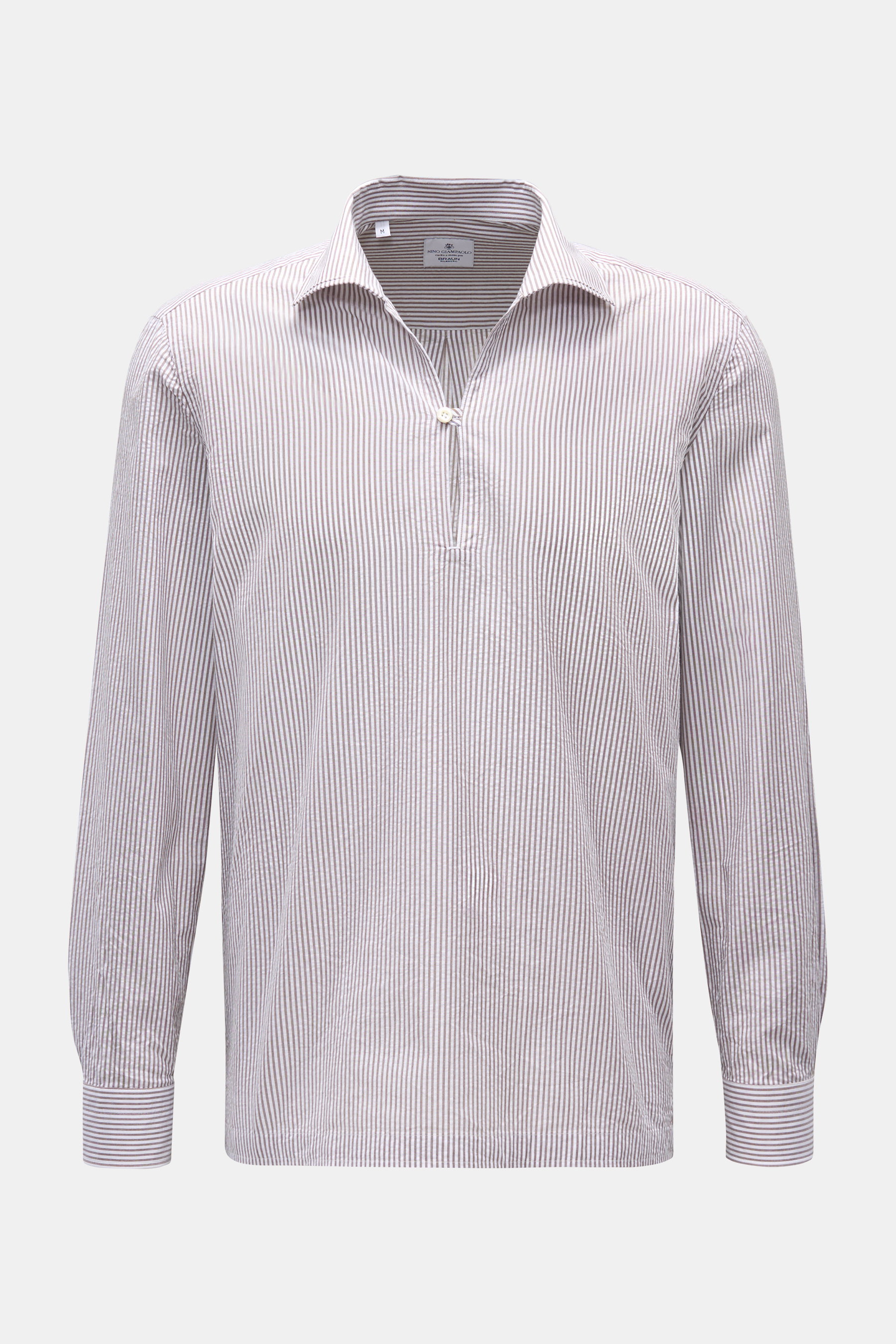 Giampaolo Seersucker Popover-Hemd Haifisch-Kragen taupe/weiß gestreift