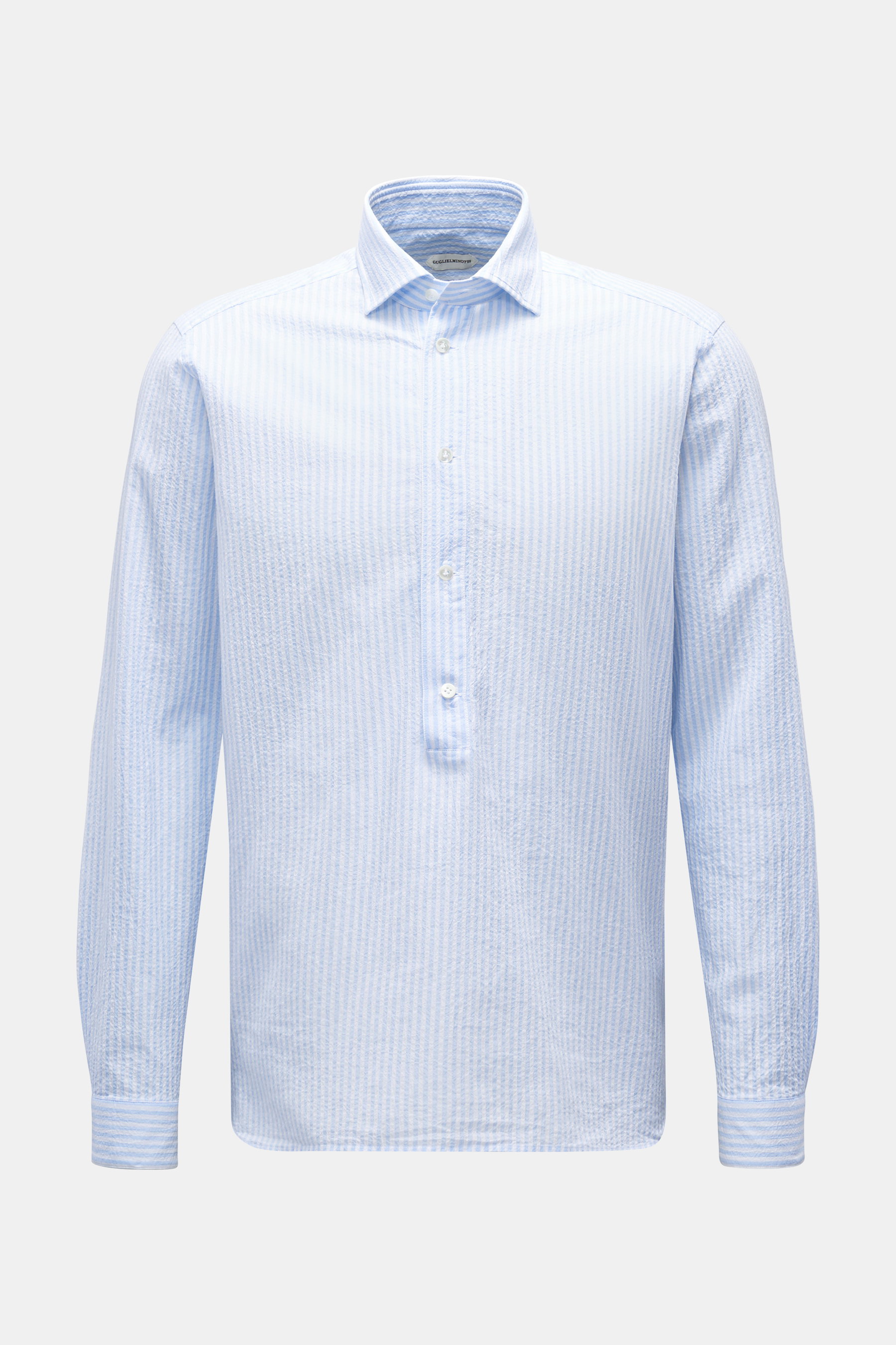 Guglielminotti Seersucker Popover-Hemd Haifisch-Kragen hellblau/weiß gestreift