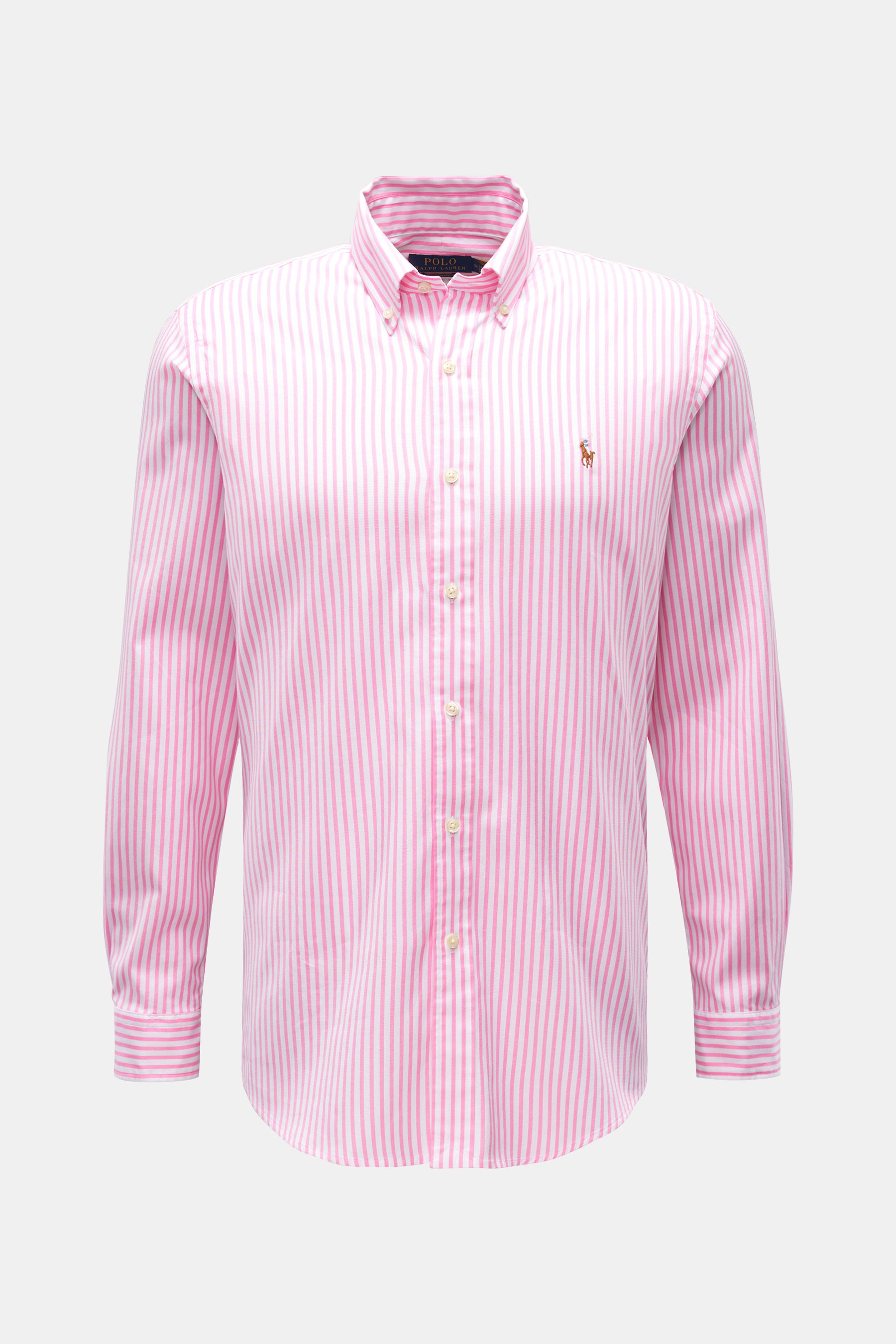 Polo Ralph Lauren Oxford-Hemd Button-Down-Kragen rosé/weiß gestreift, leicht elastisch, mit Brust-Stitching, Knopfleiste, Sportmanschette, Frontansicht.
