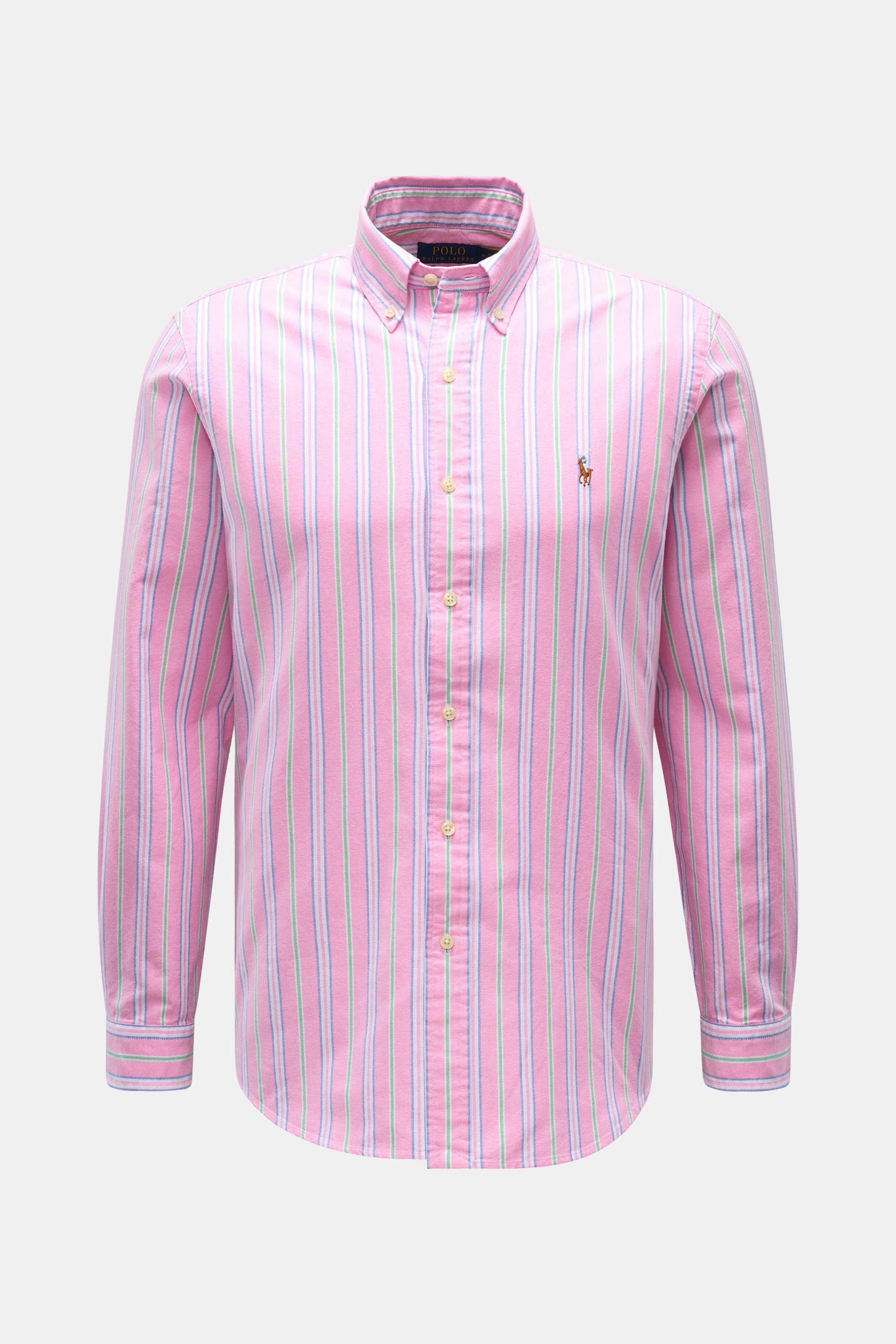 Polo Ralph Lauren Oxfordhemd Button-Down-Kragen rosé/hellgrün/weiß gestreift, Slim Fit, Oxford Baumwolle, weicher Griff, retro Streifen, Knopfleiste, Sportmanschette, Rückenpasse, gerundeter Saum, Frontalansicht.